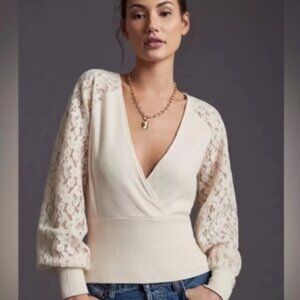 Anthropologie Lace Sleeve Ribbed Knit Surplice Cocktail Top Cream Wrap Sweater